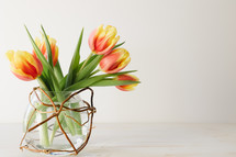 vase of tulips on white 