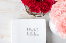 Bible and carnations on white wood.