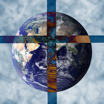 Cross overlapping photo of the earth with clouds blue and white background