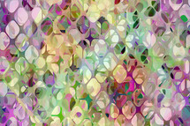 pink, green, purple, cream and yellow colors in lattice type patterns overlap with a sense of depth