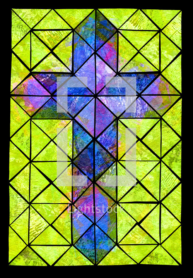 cross in blue and purple on chartreuse green - painted paper collage with printmaking texture