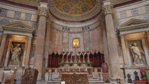 Rome, Italy - September 2023. Travelers and sightseeing tourists visit Pantheon, walking, taking picture inside during tour. Concept of holidays.
