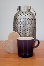 mug, vase, and wooden heart 