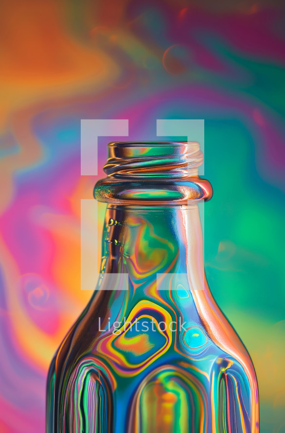 Bottle with colorful liquids,  textured background
