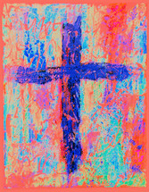 graffiti style cross in rough brush strokes with calligraphy type lines in blue, orange, turquoise, pink, red