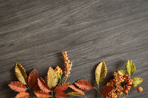 fall leaves on dark wood 