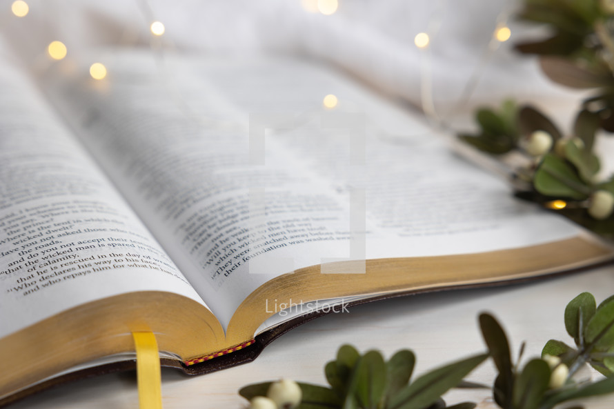 bokeh fairy lights and open Bible at Christmas 