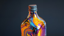 A glass bottle with beautiful vibrant oil fluid colors inside, textured background.