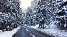 Wide shot of mountain Road Through Snow Covered Coniferous Forest During Winter.