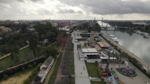 Amusement park and Seville Cruise terminal, Spain. Aerial dolly out 