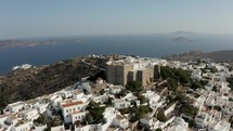 Drone Flying over the Monastery of Saint John in Patmos Greece 