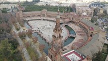 Majestic Spain Square or Plaza De España in Seville. Aerial establishing shot
