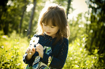 girl child holding a dandelion daydreaming 