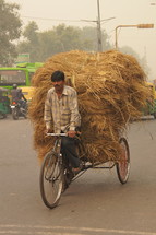 Man riding bicycle with hay on back