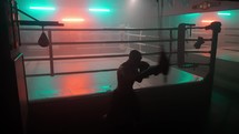 Boxer in the boxing gym with red and green stylized lighting. 