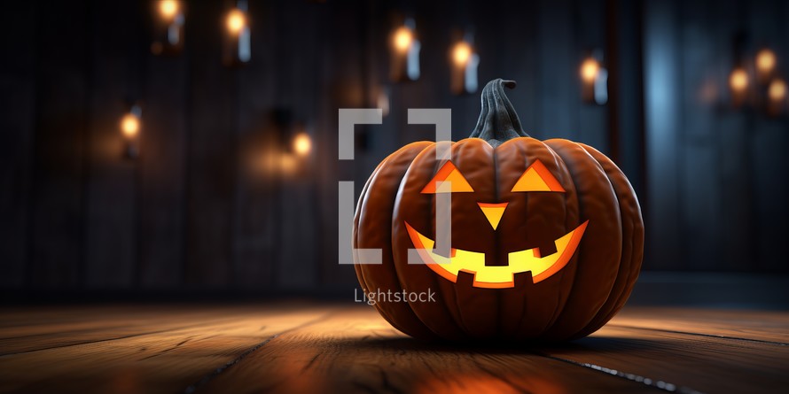 Halloween pumpkin on wooden background, 3d render. Halloween concept