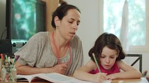 Mother helping her little daughter to prepare homework at home