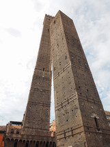 Torre Garisenda and Torre Degli Asinelli leaning towers aka Due Torri meaning Two towers in Bologna, Italy