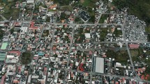 Bird's Eye View Over Baños de Agua Santa Latin American City In Tungurahua Province, Ecuador - drone shot	