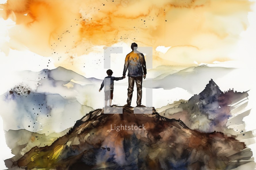 Watercolor Art Father and Son Holding Hands