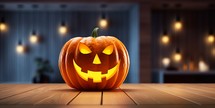 Halloween pumpkin on wooden table with copy space. 3d rendering
