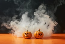 Halloween pumpkins with smoke on black background. Halloween concept.