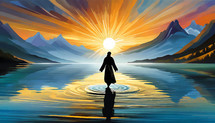 Watercolor image of Jesus walking on water toward a beautiful sunset with mountains and bright colors.