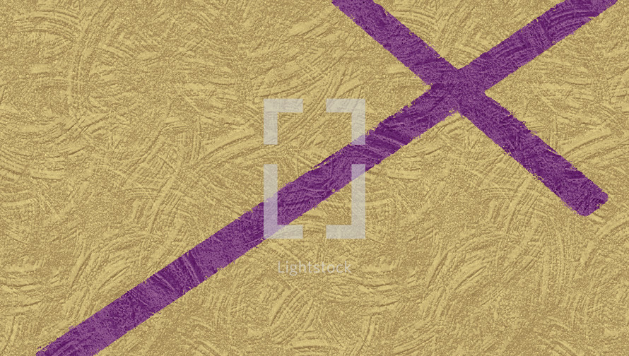 textural purple tilted cross on golden tan background texture