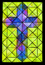 cross in blue and purple on chartreuse green - painted paper collage with printmaking texture