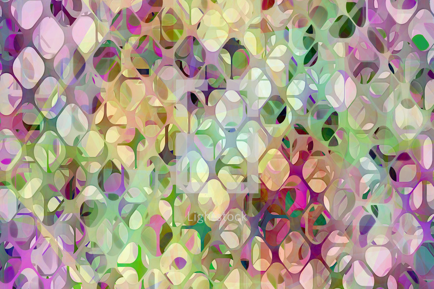 pink, green, purple, cream and yellow colors in lattice type patterns overlap with a sense of depth