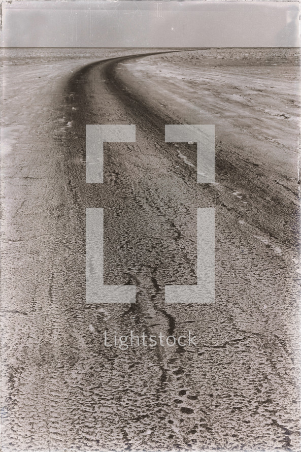 tracks in a desert salt lake 