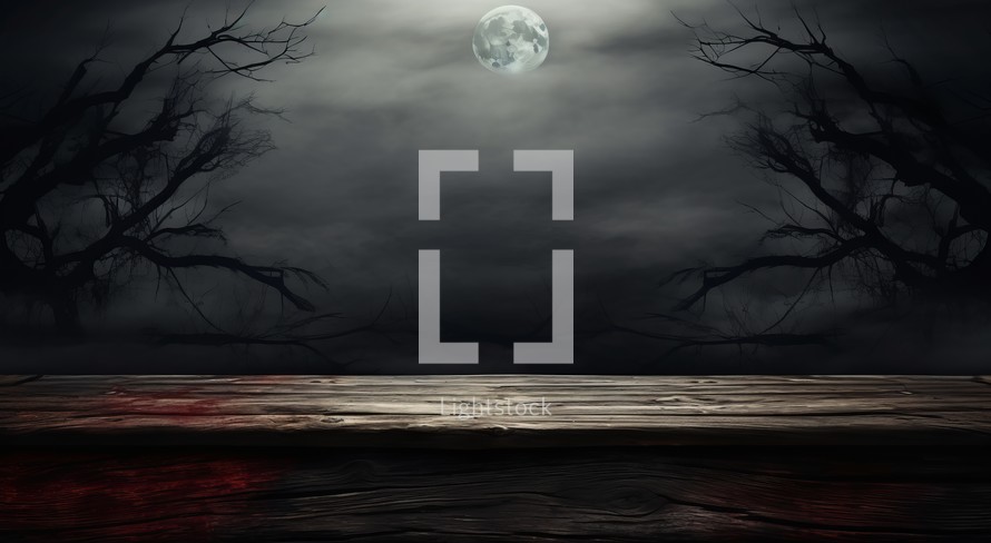 Halloween background with empty wooden table and full moon in the sky