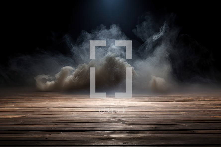 Wooden floor with smoke and fog at night. 3d rendering