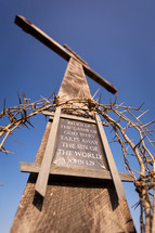 Crown of thorns surrounding plaque of John 1:29 Bible Verse on wooden cross vertical