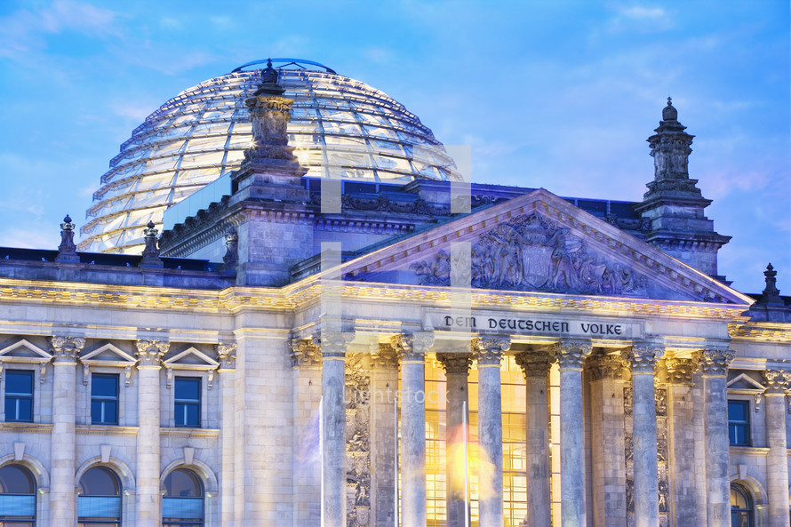 The Reichstag Building and Dome at dusk. Berlin Germany