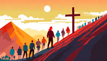 People Walk Uphill Towards a Cross