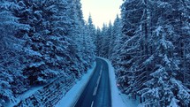 Drone forward shot of road In Beautiful Winter Mountain Forest.