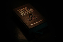 wedding rings on a Holy Bible 