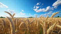 Field of wheat during the day with a blue sky