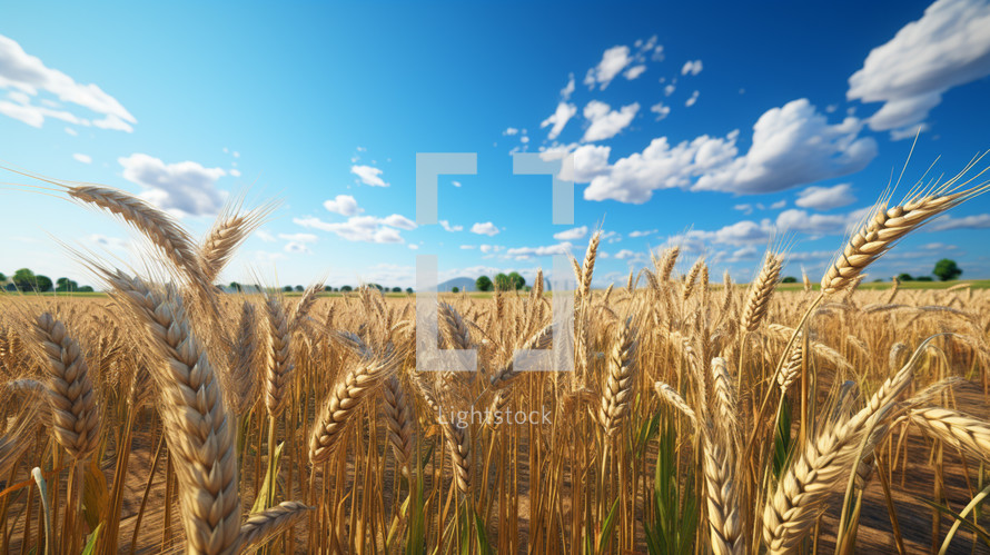 Field of wheat during the day with a blue sky