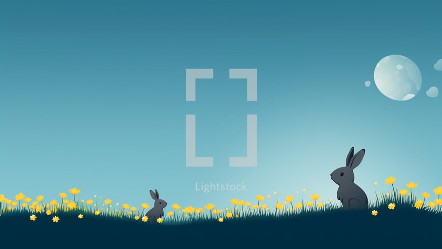 Rabbits surrounded by yellow flowers on a spring evening 