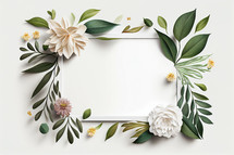 Layout of flowers and leaves frame around white paper area