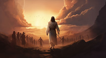 Jesus walking with the disciples towards the sunset 
