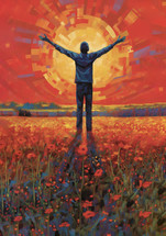 Man praying to the Lord of the Harvest in a field of poppies