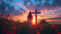 Woman in front of old wooden cross at sunset. Christianity and worship concept.
