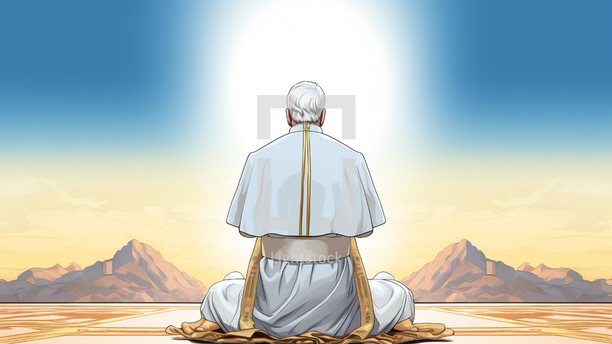 Drawing of the Pope praying sitting in a desert