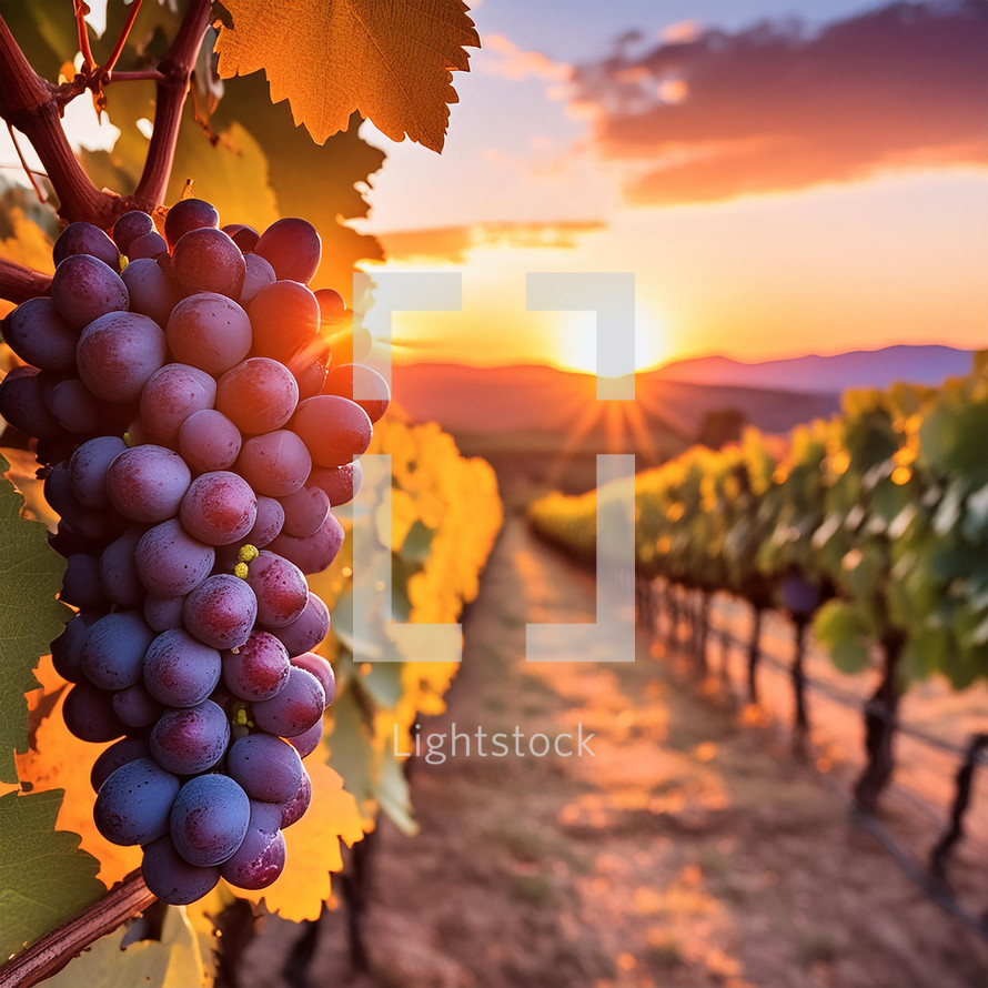 Red grapes on a vine with leaves with a dramatic sunset in the background of rolling hills.