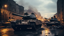 Tanks guarding the city during the war in Ukraine after storm. War concept