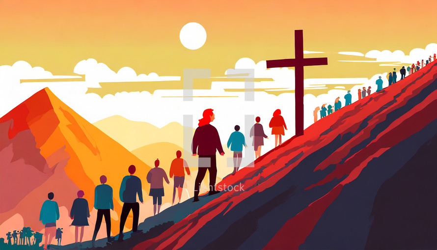 People Walk Uphill Towards a Cross