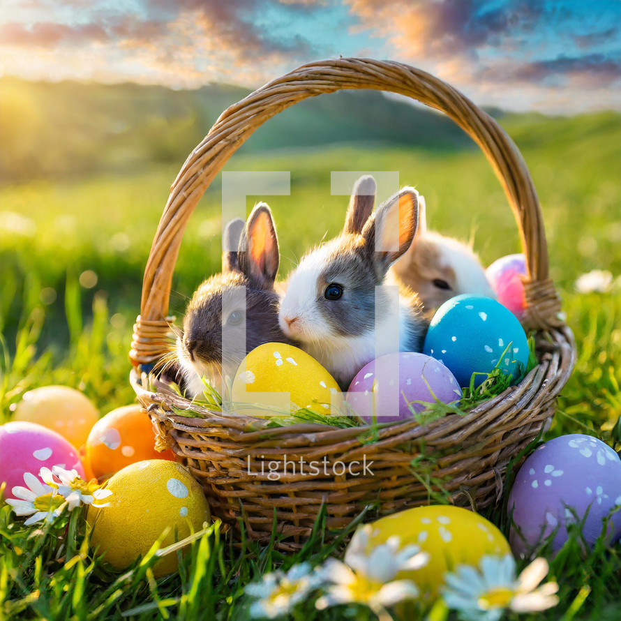 Colored easter eggs in a basket with baby bunnies in a bright green field for the holiday.